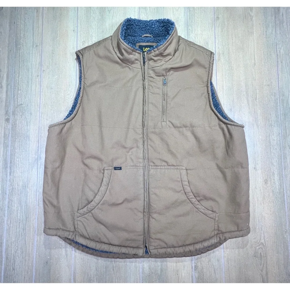 Lee‎ Mens Brown Cotton Canvas Sherpa Lined Workwear Vest XL Full Zip Pockets